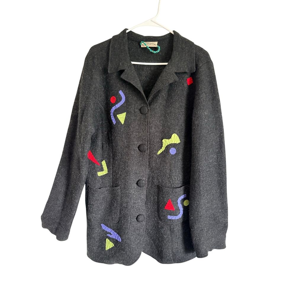 VTG Canvasbacks Boiled Wool Abstract Jacket Gray Collar Buttons Size 10 Artsy